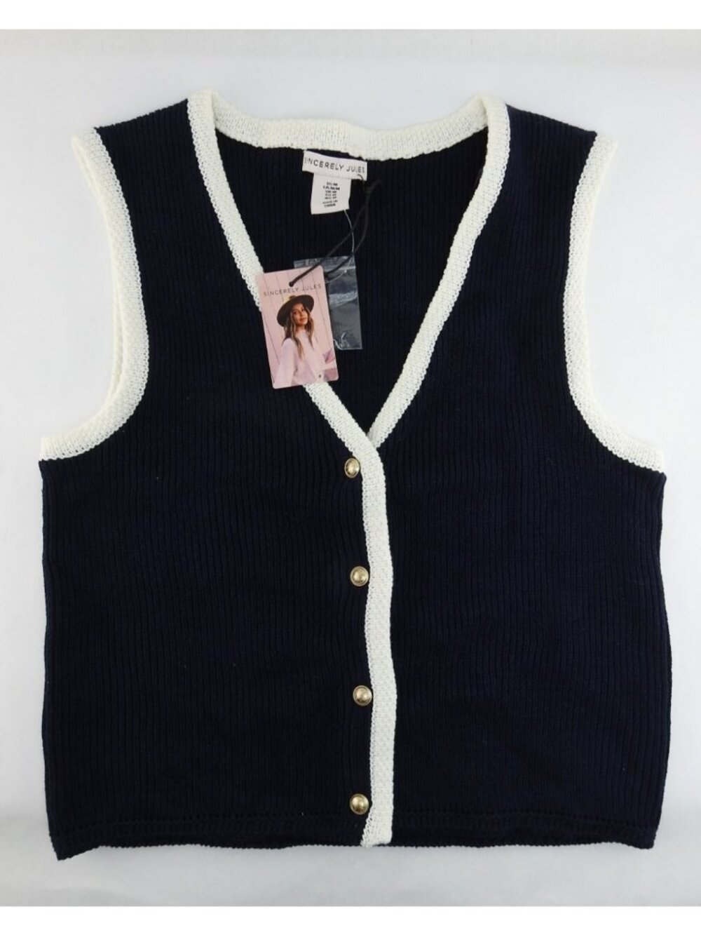 Sincerely Jules Womens Knit Sweater Vest Navy White Trim Button Front Preppy NWT - Picture 3 of 7